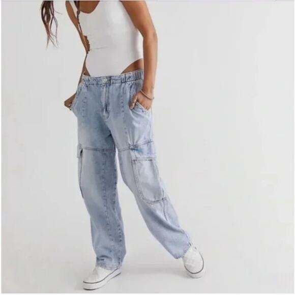 Free People All Star Pull On Jeans Utility Cargo Low Slung Wide Leg - Picture 1 of 8